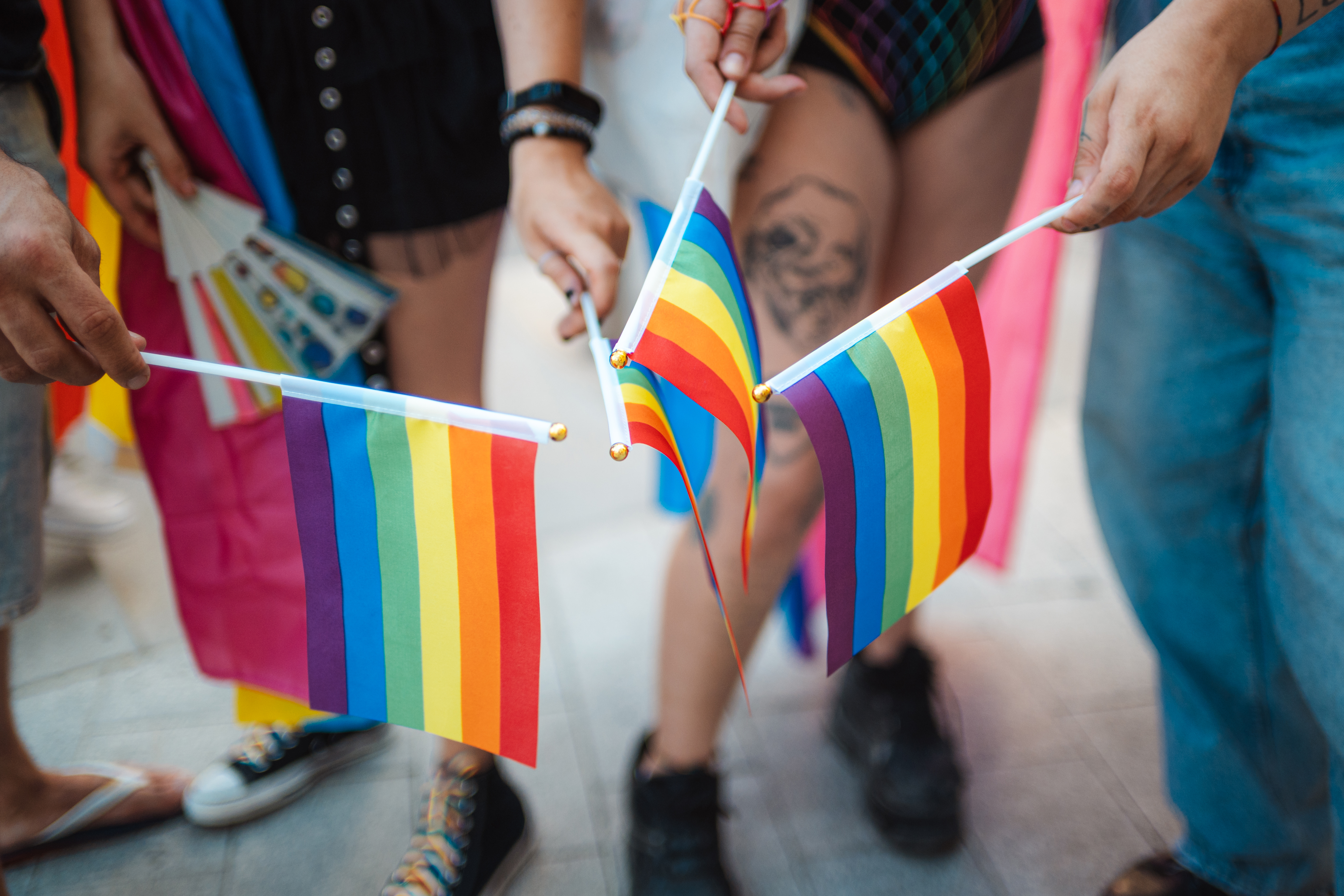 Group of people joyfully waving rainbow flags, celebrating pride and embracing the vibrant lgbtq+ community in a colorful outdoor event